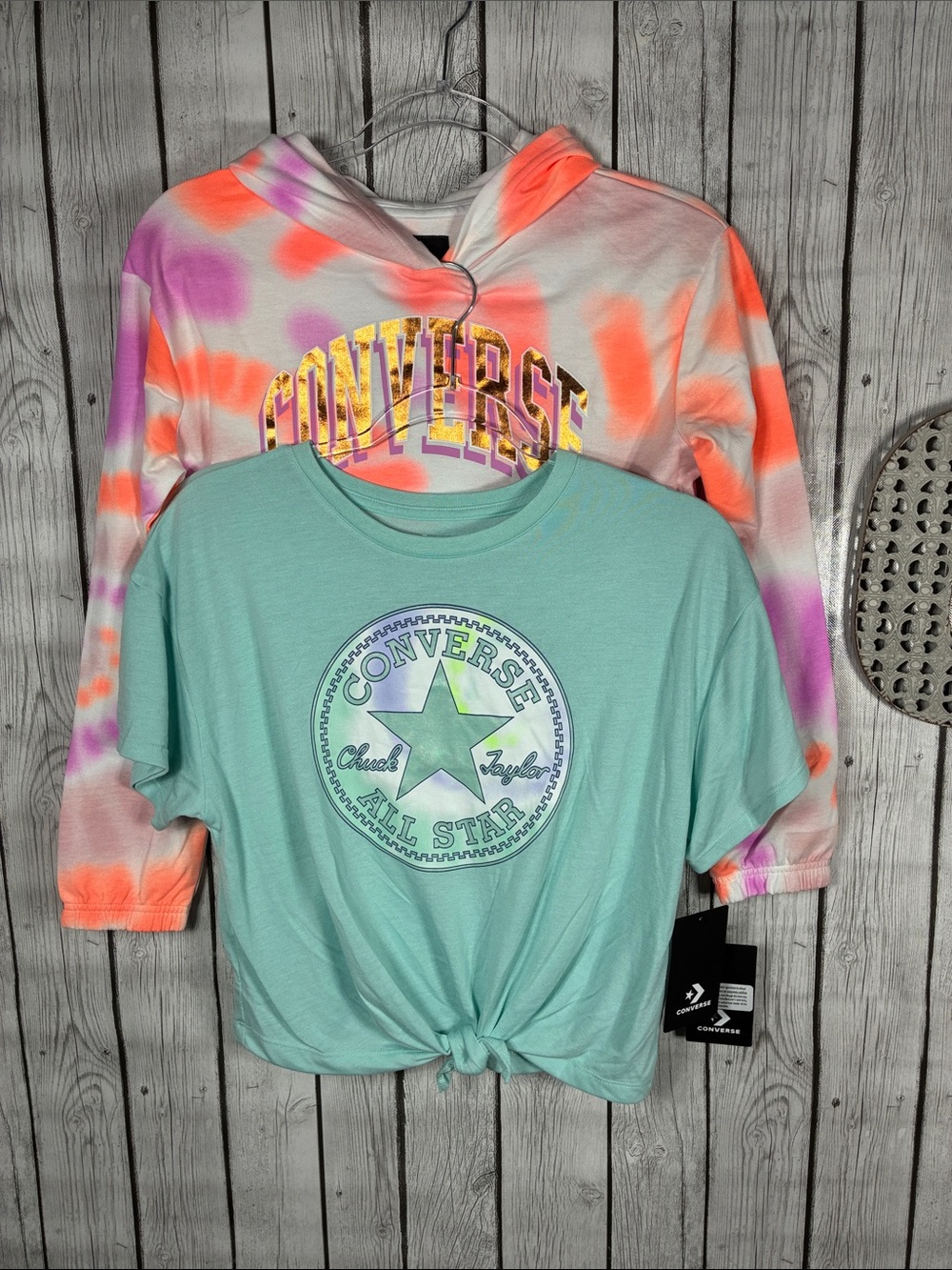 Converse Orange & Pink Tie-Dye Hoodie with Mint Green Logo Tee Size Large